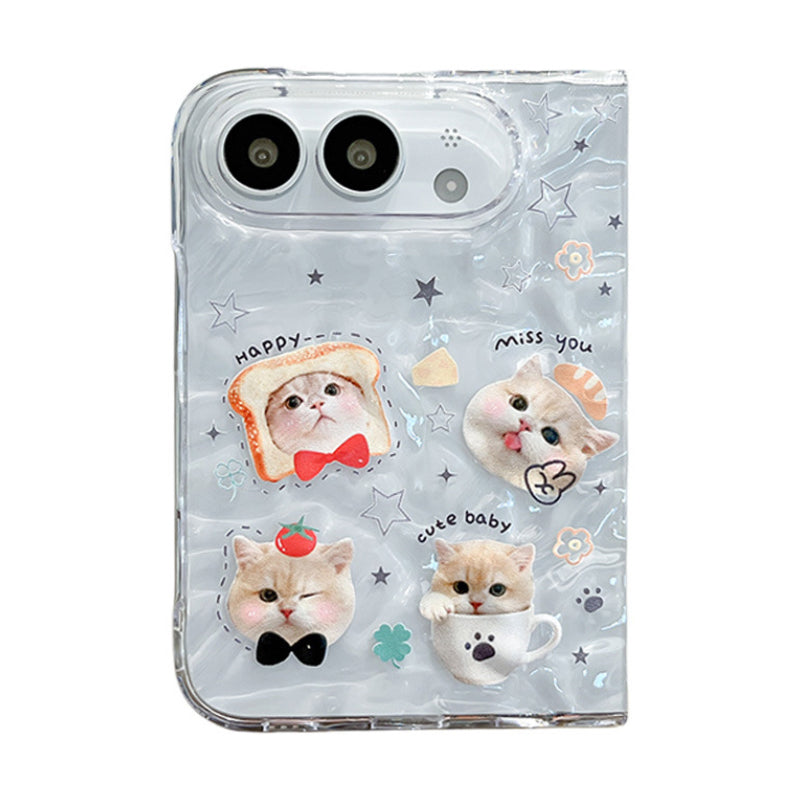 ネコ＆イヌ クリアしわ模様 折りたたみiPhoneケース クリア(ネコ・ケース単品)