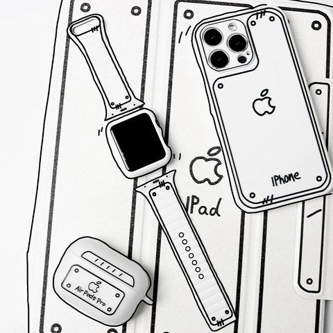マグネットホワイト＋ホワイトケース Apple Watch モノクロ線画シリコンバンド SKU