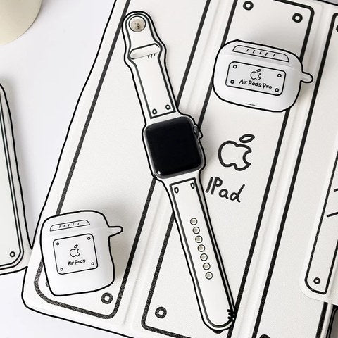 ホワイト(ショート) Apple Watch モノクロ線画シリコンバンド SKU