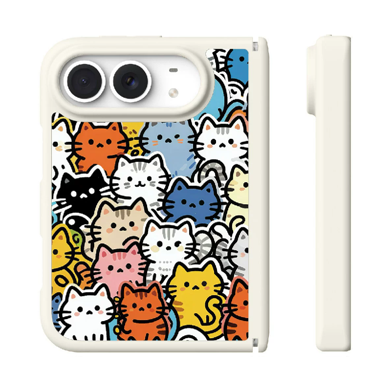 ドッグ＆キャット柄の折りたたみスマホケース、正面と側面の実物参考画像