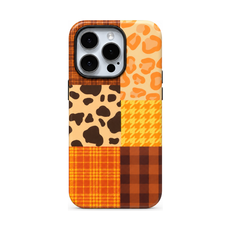 オレンジパッチワーク(ケース単品)のパッチワークiPhoneケース、純白背景の正面直立イメージ