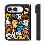 ドッグ＆キャット柄の折りたたみスマホケース、正面と側面の実物参考画像