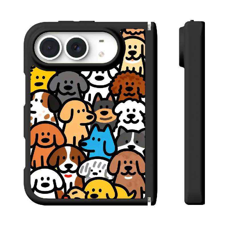 ドッグ＆キャット柄の折りたたみスマホケース、正面と側面の実物参考画像