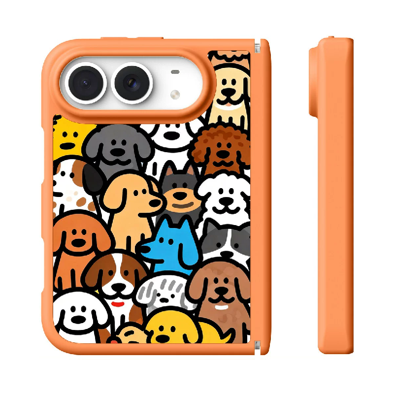 ドッグ＆キャット柄の折りたたみスマホケース、正面と側面の実物参考画像