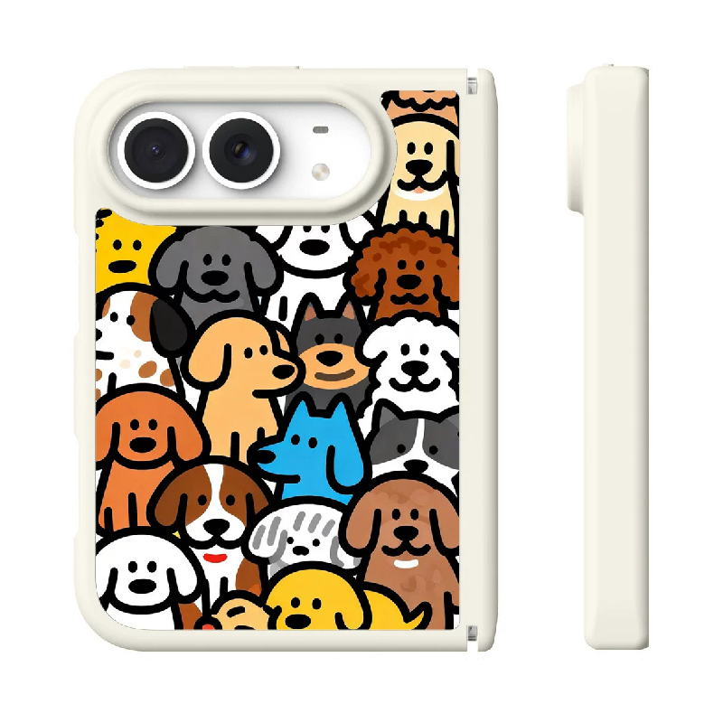 ドッグ＆キャット柄の折りたたみスマホケース、正面と側面の実物参考画像