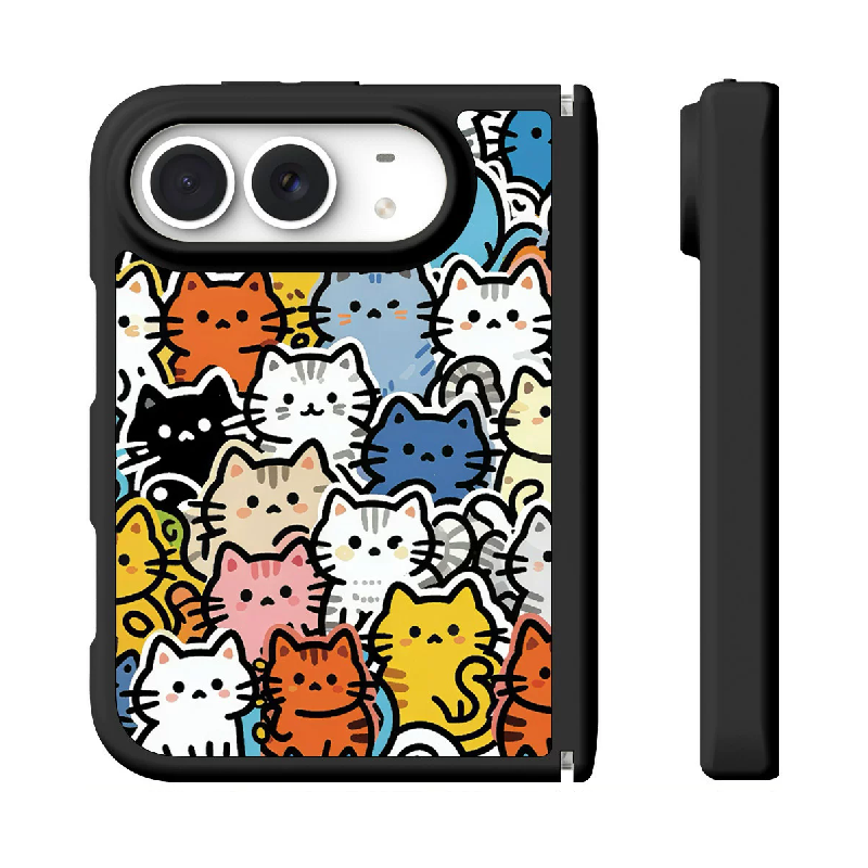 ドッグ＆キャット柄の折りたたみスマホケース、正面と側面の実物参考画像