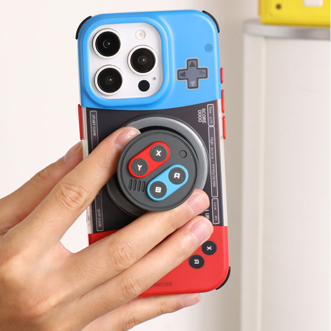 赤青配色ゲーム機モチーフオリジナル個性派マグネット式スマホケース