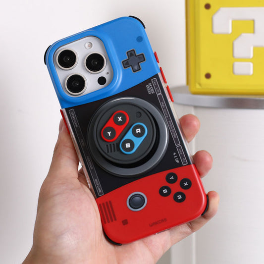 赤青配色ゲーム機モチーフオリジナル個性派マグネット式スマホケース