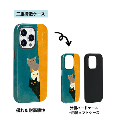 3匹の猫モチーフブルー×イエロー二重構造フィルム加工スマホケース