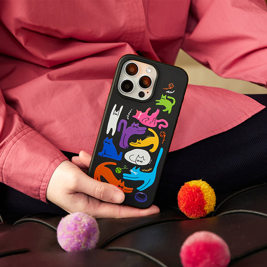 カラフル猫イラスト生分解性素材マグネット式スマホケース