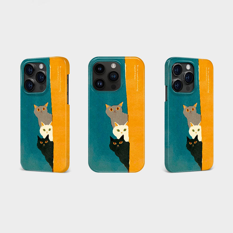 3匹の猫モチーフブルー×イエロー二重構造フィルム加工スマホケース