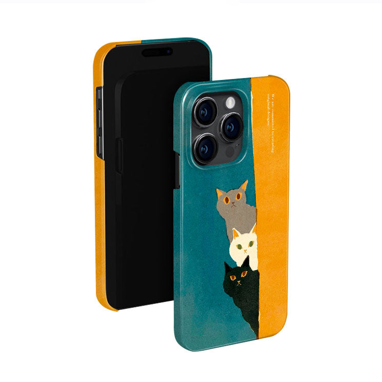 3匹の猫モチーフブルー×イエロー二重構造フィルム加工スマホケース