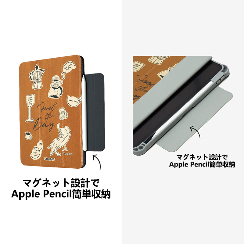 コーヒーイラストデザインペンスロット付きマグネット式iPadケース