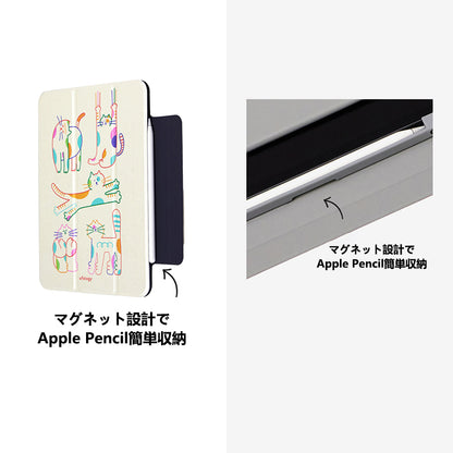 カラフルなイラスト猫モチーフマグネット式iPadケース