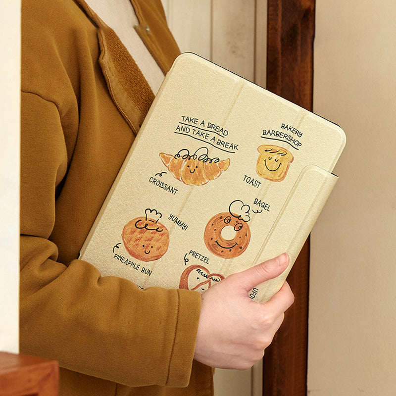 おしゃれな手描きパン柄シンプルペンスロット付きマグネット式iPadケース
