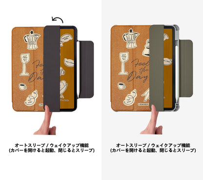 コーヒーイラストデザインペンスロット付きマグネット式iPadケース