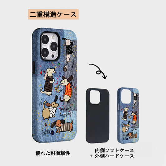 「カートゥーン風」デニムグラフィティ可愛い犬のイラストオリジナル二重構造スマホケース