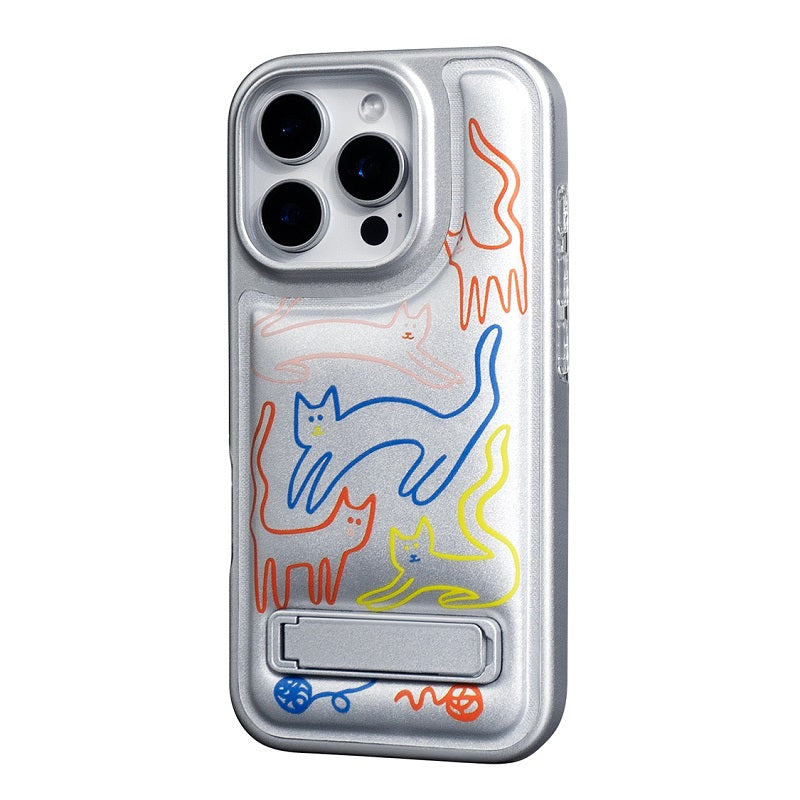 ラインアート猫柄一体型隠しスタンド付きシルバースマホケース