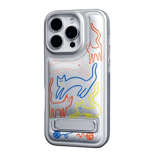 ラインアート猫柄一体型隠しスタンド付きシルバースマホケース