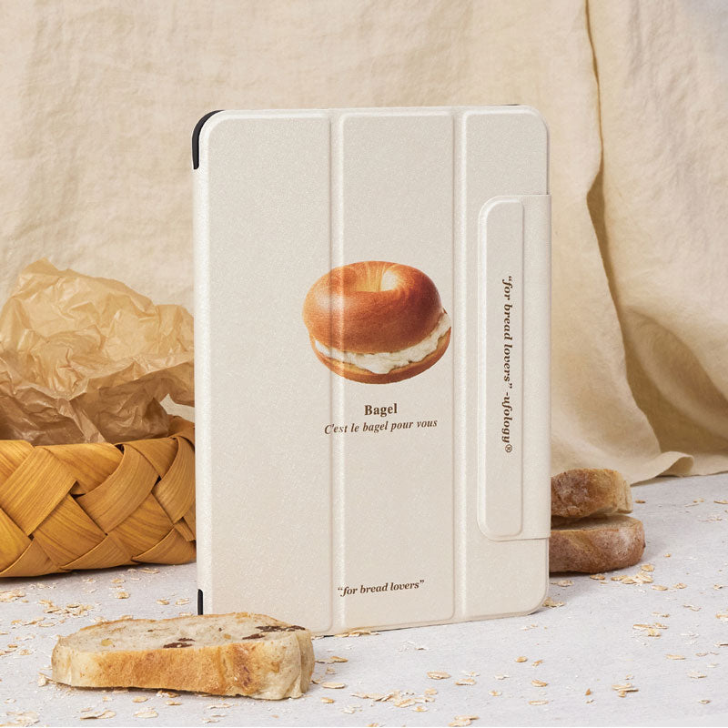 ベーグル柄おしゃれシンプルペンスロット付きマグネット式iPadケース
