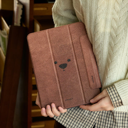 シンプルベアモチーフペンスロット付きマグネット式iPadケース