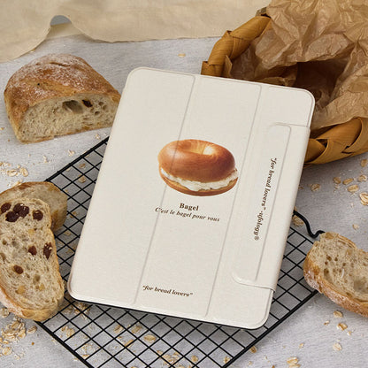 ベーグル柄おしゃれシンプルペンスロット付きマグネット式iPadケース
